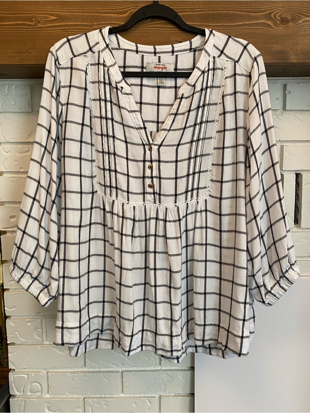 Wrangler Plaid Peasant Blouse White Black Size Large Cottagecore Babydoll